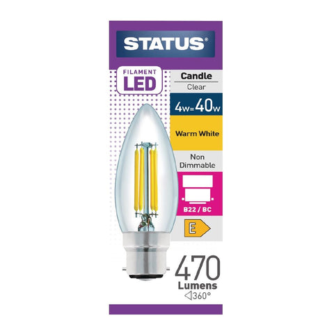 Status Filament LED Candle BC Warm White Light Bulb 4/40w